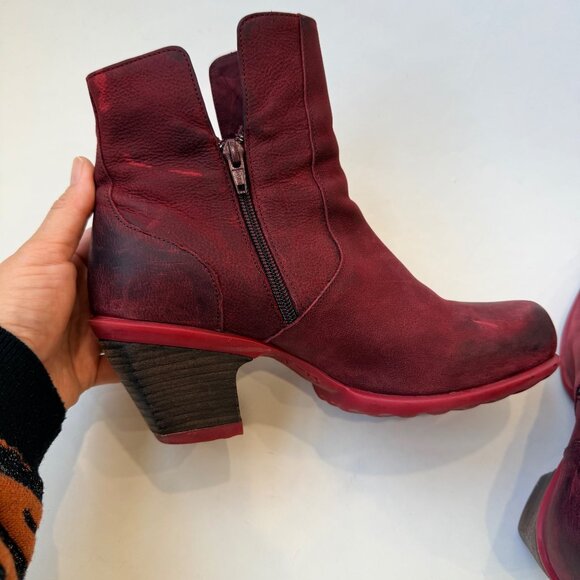 John Fluevog Hopefuls Rosy Buffed Toe Leather Bootie Burgundy Size 10.5 - Picture 5 of 9